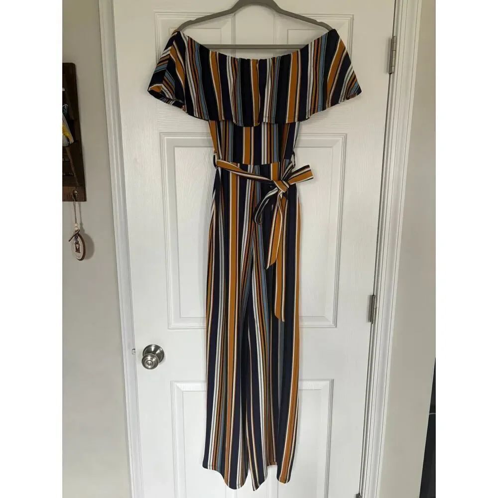Almost Famous Off the Shoulder Stripe Ruffle Jumpsuit Blue Yellow White Small